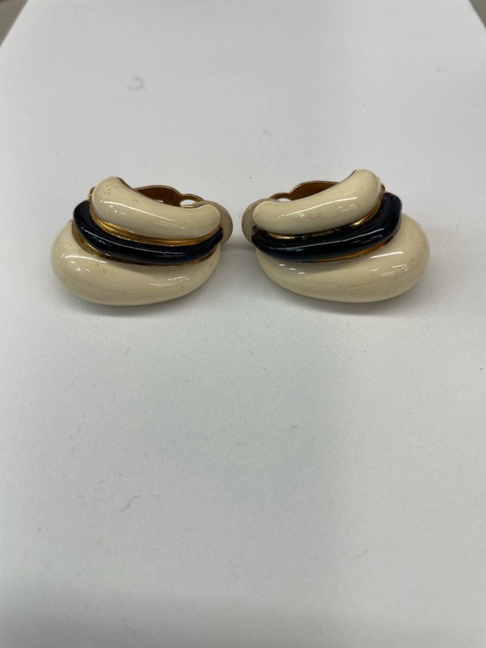St. John Cream and Navy Enamel Clip-On Earrings with Gold Accents